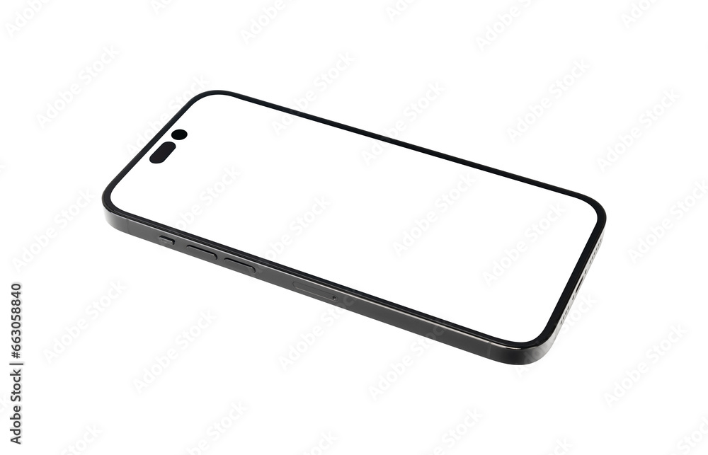 Poster front view of black smartphone mockup blank screen isolated with clipping path on transparent backgr