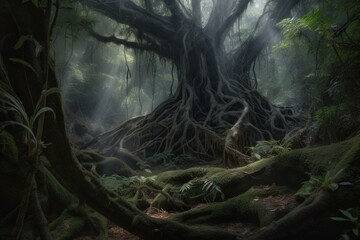 Fototapeta premium A magical forest with an ancient, spooky tree and mystic roots. Generative AI