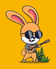 vector illustration of a rabbit in sunglasses playing a cute guitar. animal icon concept