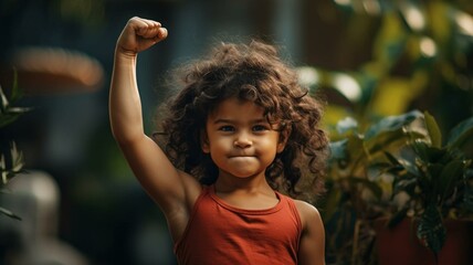 portrait of a confident child flexing her muscles - obrazy, fototapety, plakaty