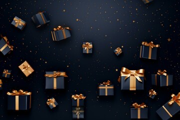 Festive wallpaper featuring presents in grid formation. Stylish gold and navy blue banner. Generative AI
