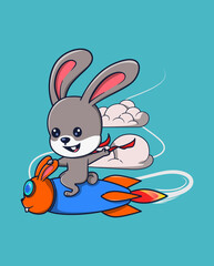 vector illustration of a rabbit riding a cute rocket. cute animal icon concept