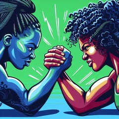 Two women arm wrestling  - obrazy, fototapety, plakaty
