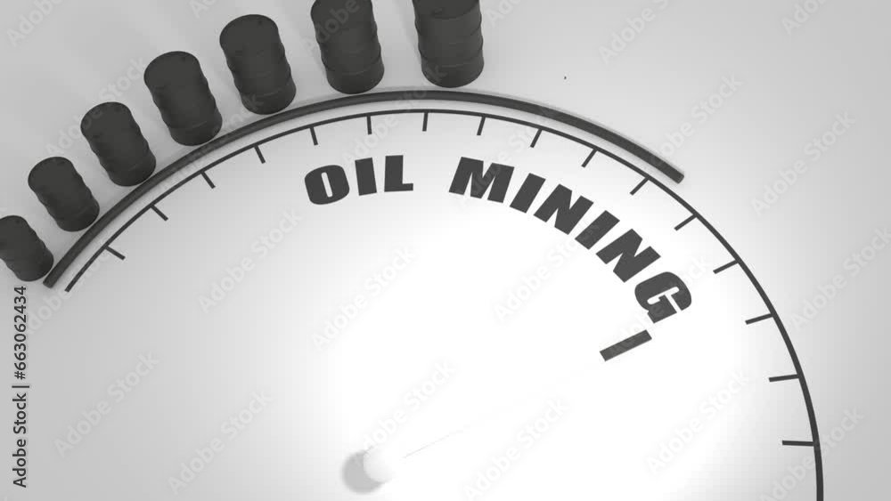 Poster oil mining value measuring device with arrow and scale. oil barrels growth. 3d render