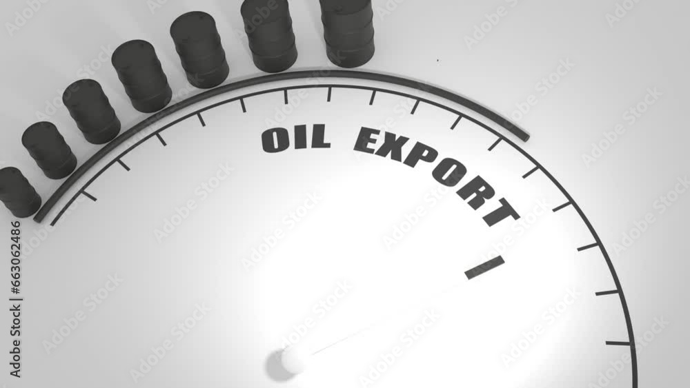 Poster oil export value measuring device with arrow and scale. oil barrels growth. 3d render