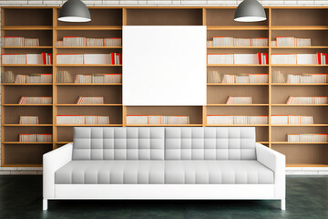 Creative library bookcases, couch, and blank poster. Mockup,. Generative AI