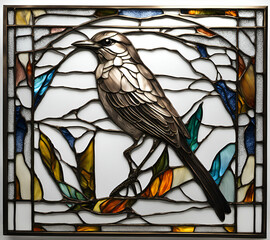 Northern Mockingbird bird, abstract painting in stained glass style