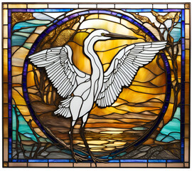 Great Egret bird, abstract painting in stained glass style