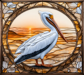 American White Pelican bird, abstract painting in stained glass style