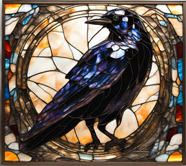 American Crow bird, abstract painting in stained glass style