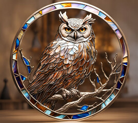 Great Horned Owl bird, abstract painting in stained glass style