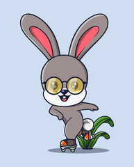 vector illustration of a rabbit wearing glasses playing roller skating. cute animal icon concept