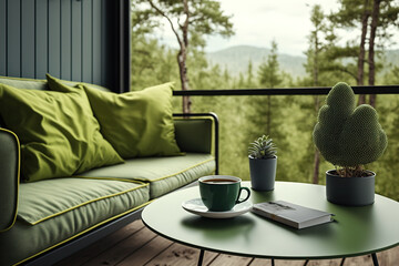 On the internal balcony is a green sofa. A tiny table is available. On the table are books, coffee mugs, and a cell phone. You may observe the surroundings from the balcony. Generative AI