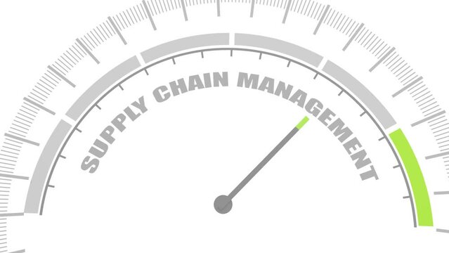 SCM - Supply Chain Management. Aspects of modern company logistics processes. Instrument scale with arrow. Colorful infographic gauge element.