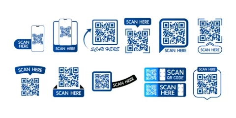 Fotobehang Collection of QR codes with inscription scan here with smart phone. Set of Scan qr code icon. Qr code for payment, mobile app and identification. Vector illustration. © Jer