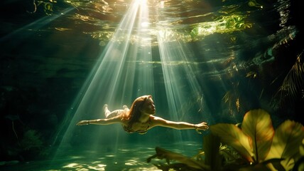 girl in a swimsuit, swimming underwater, full frame. Ai generative art - obrazy, fototapety, plakaty