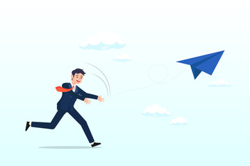 Courage businessman launching paper airplane origami into the sky, start your own business, begin new company or launch new project, opportunity to get new job or entrepreneur small business (Vector)