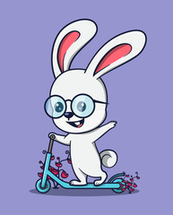 vector illustration of a cute rabbit wearing glasses playing on a scooter. cute animal icon concept