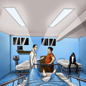 Ilustracion hombre en sala medica y mascara