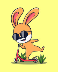 vector illustration of cute rabbit in sunglasses playing scooter. cute animal icon concept