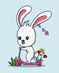 vector illustration of cute white rabbit playing scooter. cute animal icon concept