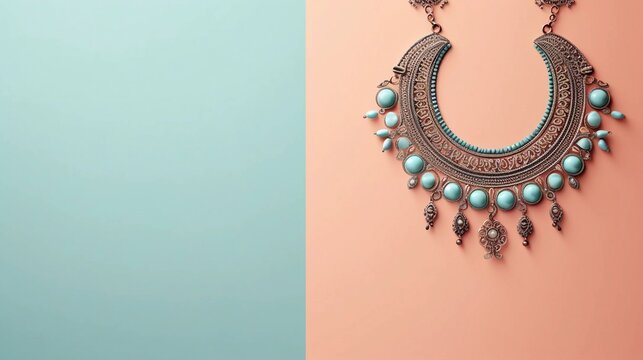 space for text on pastel background surrounded by Ethnic or Tribal Jewelry, background image, generative AI