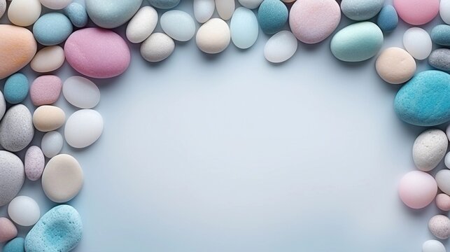 space for text on pastel background surrounded by beautiful pebbles decoration, background image, generative AI