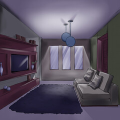 Ilustration of room with sofa, lamp and tv