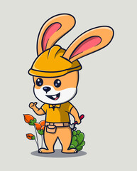 vector illustration of a cute construction worker rabbit holding a hammer. cute animal icon concept