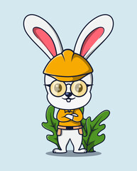 vector illustration of a cute construction worker rabbit wearing yellow glasses. cute animal icon concept