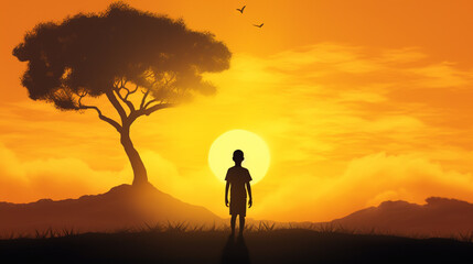 Professional Illustatioin of a Young Boy in the African Savanna During Sunset