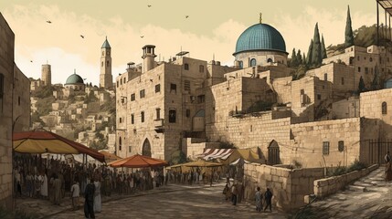 Naklejka premium Al-Aqsa embraced by the ancient city walls, the Palestinian flag flying proudly, the bustling markets of the Old City surrounding it, a mix of history and contemporary life, Illustration, digital art