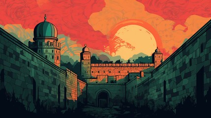 Obraz premium Al-Aqsa embraced by the ancient city walls, the Palestinian flag flying proudly, the bustling markets of the Old City surrounding it, a mix of history and contemporary life, Illustration, digital art