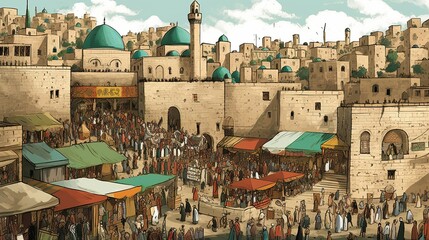 Al-Aqsa embraced by the ancient city walls, the Palestinian flag flying proudly, the bustling markets of the Old City surrounding it, a mix of history and contemporary life, Illustration, digital art