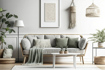 This minimalist living room has a gray sofa, wooden coffee table, pillow, gray macrame, mock-up poster frame, and beautiful accessories. Exquisite decor. Template. Generative AI