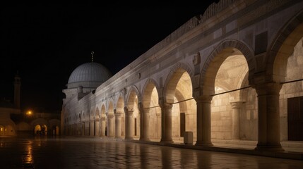 The Al-Aqsa Mosque at night, softly lit by lanterns and moonlight, a serene and contemplative mood, Sculpture, marble carving