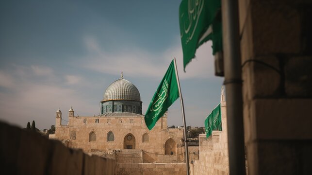 Masjid Al-Aqsa standing tall in the heart of the Old City of Jerusalem, the Palestinian flag gently waving in the breeze, a serene and spiritual atmosphere, Photography, professional DSLR camera
