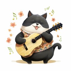 Black fat Shiba playing acoustic guitar isolated on white background