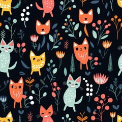 seamless pattern with cats and flowers