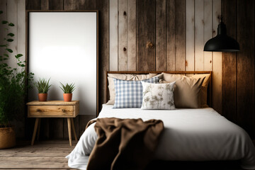 Farmhouse bedroom with blurred background and interior design prototype. Furniture made of wood and wallpaper. Interior decorating in a bohemian style. Generative AI