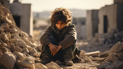 Fototapeta na wymiar Sad little Arab boy sitting on the ruins of the ruins of his house. The global issues of wars and military conflicts of peoples