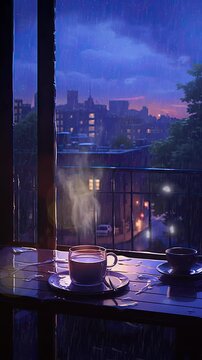 Cup of hot coffee or tea on the table at sunset in the rain. Loop animation. lofi music background