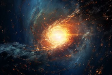 Image of cosmic phenomenon with dark vortex and cosmic particles. Generative AI - obrazy, fototapety, plakaty