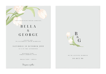 Grey minimalist white tulips and leaves wedding invitation - obrazy, fototapety, plakaty