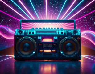 Boom box , retro wave, galactic background, neon