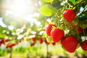 Harvesting of fresh ripe big organic red strawberry fruit in garden. Banner with strawberry plants in a planthouse.
