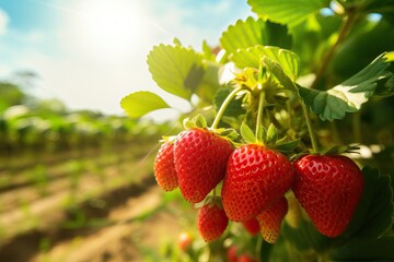 Harvesting of fresh ripe big organic red strawberry fruit in garden. Banner with strawberry plants in a planthouse. - obrazy, fototapety, plakaty