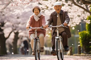 春、桜が咲く公園でサイクリングを楽しむ老夫婦 - obrazy, fototapety, plakaty