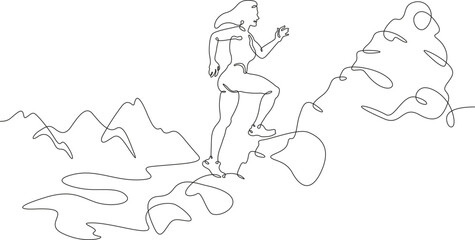 Fototapeta na wymiar The woman runs up. Cross country running. Mountain landscape. The girl runs up the mountain. One continuous line. Linear. Hand drawn, white background