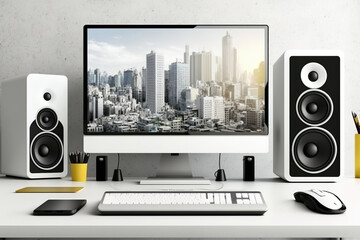 Creative designer desktop with keyboard, headphones, loudspeakers, and city view. Mockup,. Generative AI
